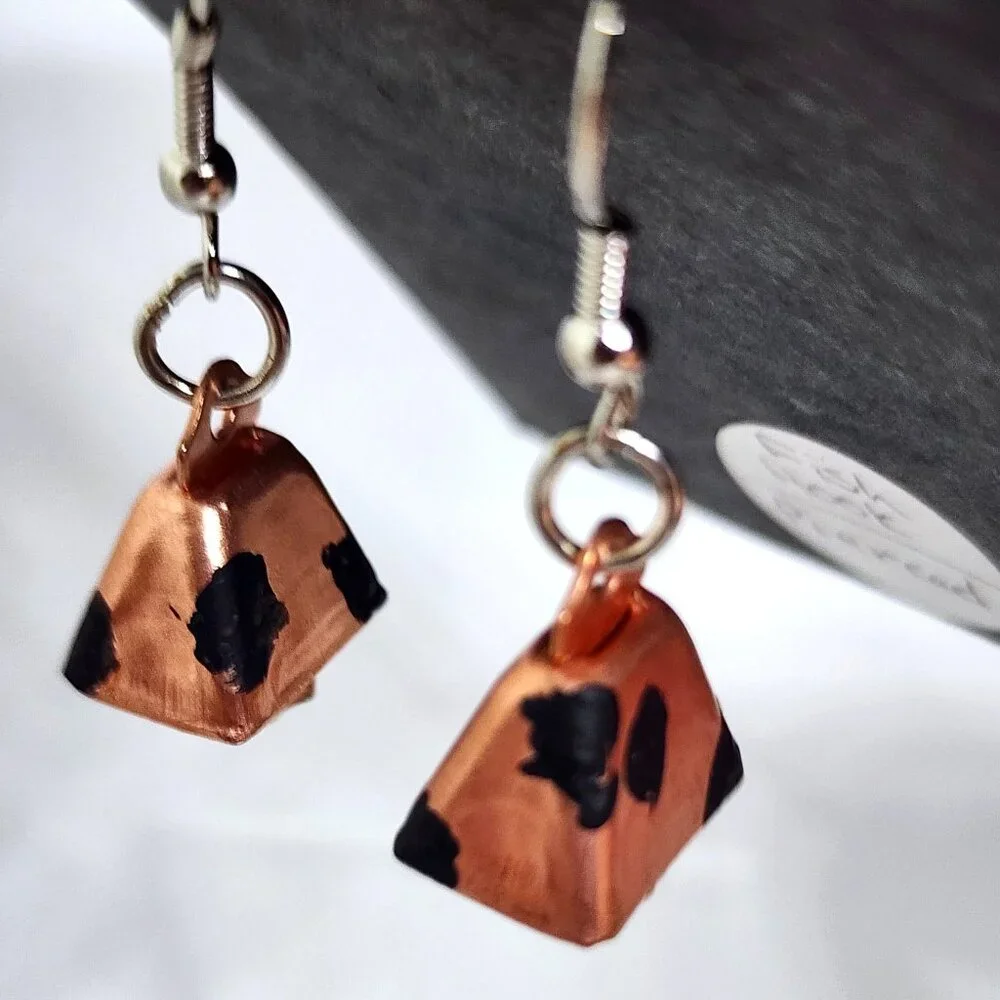 Copper Cow Bell Spot Handmade Craft Dangle Drop Pierced Earrings